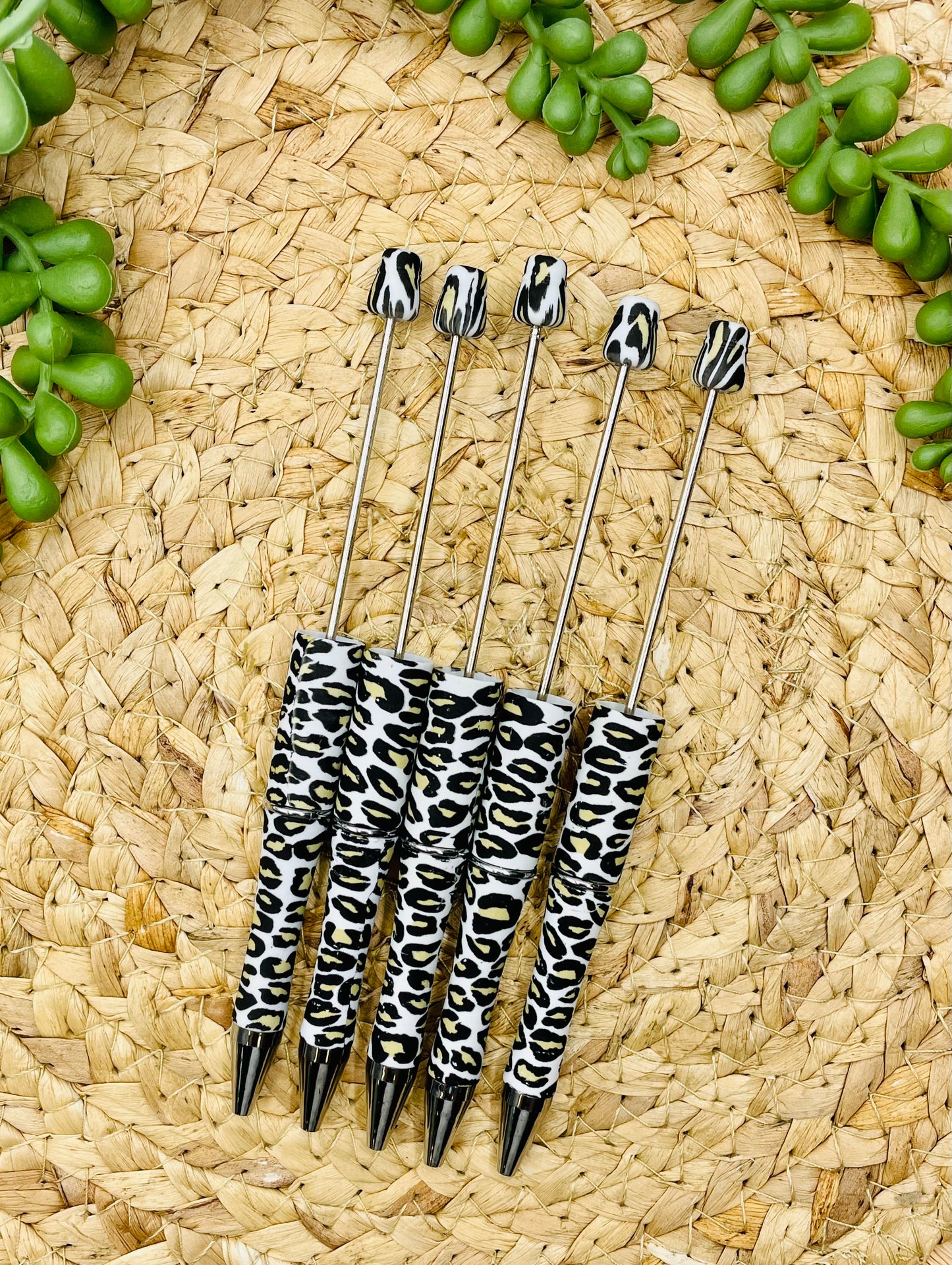 White Leopard Printed Plastic Beadable Pen