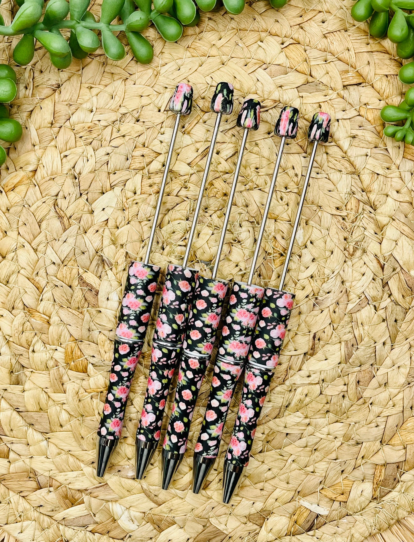 CTS Creation : Stylo à billes en plastique imprimé floral rose noir ** Brevet en instance **