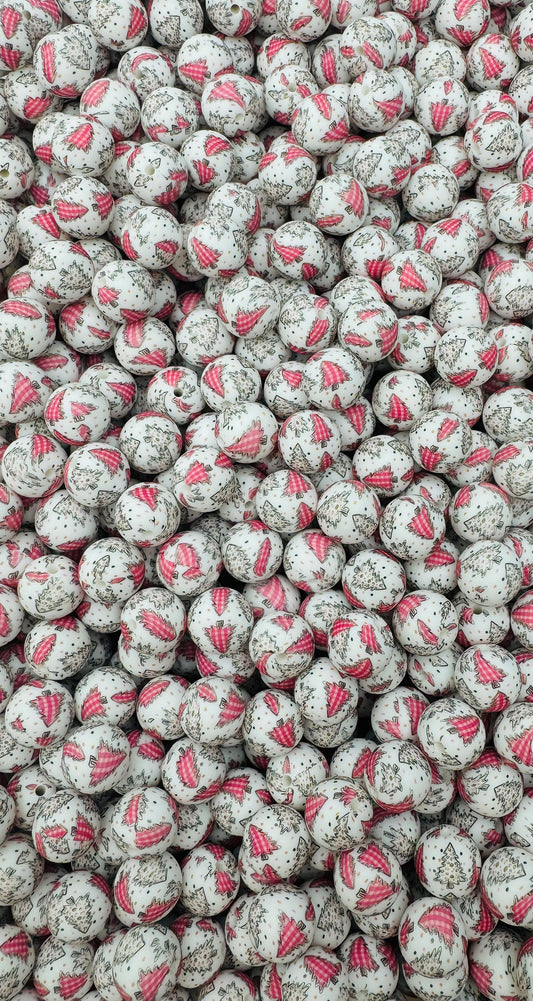 Pink Plaid Pines Printed 15mm Bead