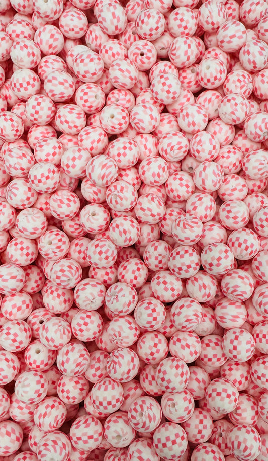 Pink Checkered Charm Printed 15mm Bead
