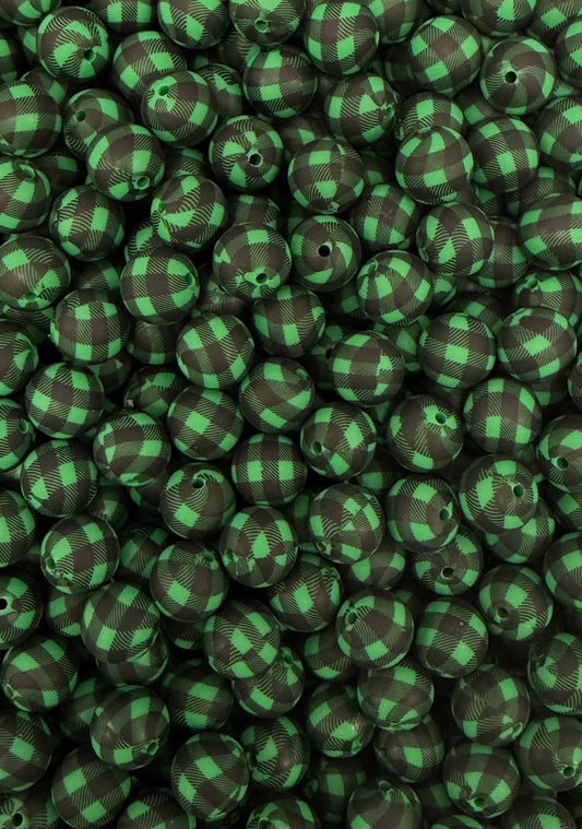 Green Buffalo Plaid Printed 15mm Beads