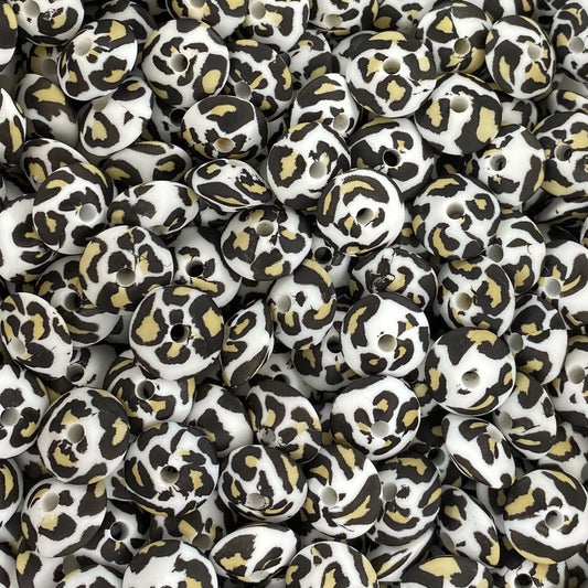 White Leopard Printed 12mm Lentil Bead