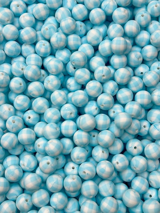 Blue Buffalo Plaid Printed 15mm Beads