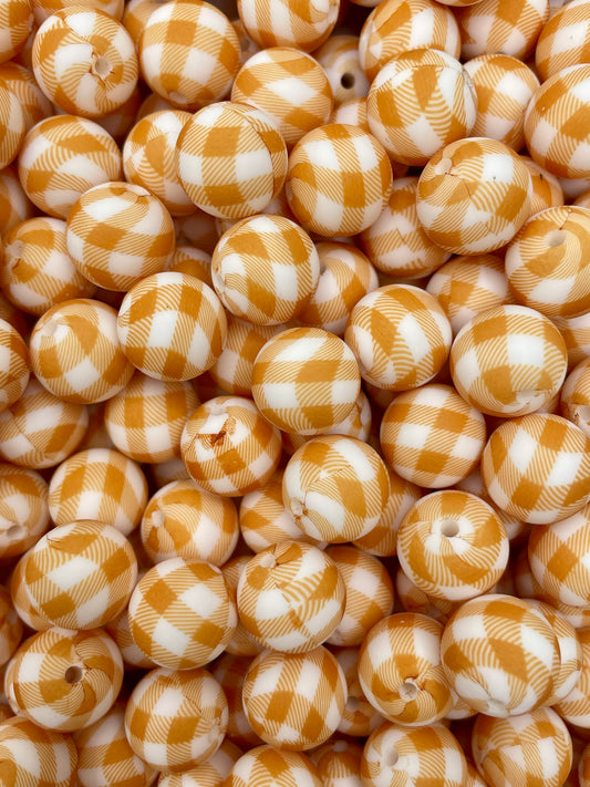 Burnt Orange Buffalo Plaid Printed 15mm Beads
