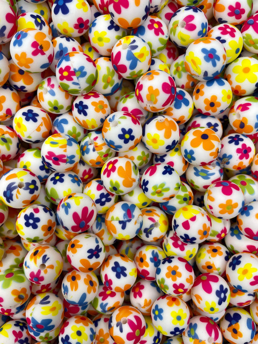 Retro Daisy Printed 15mm Bead