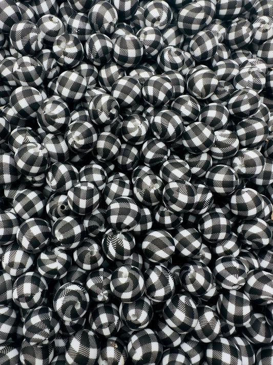 White Buffalo Plaid Printed 15mm Beads