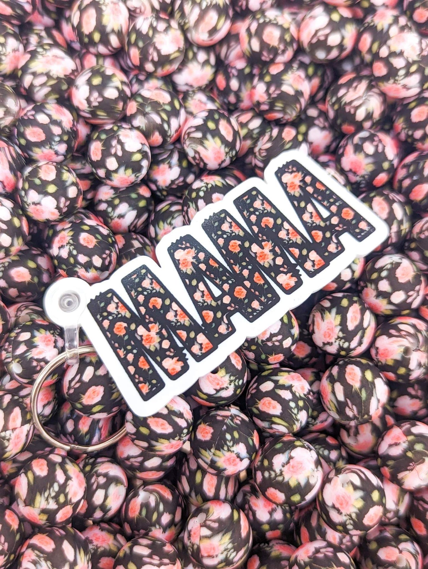 "Black Rose Floral Mama" Key Tag #77