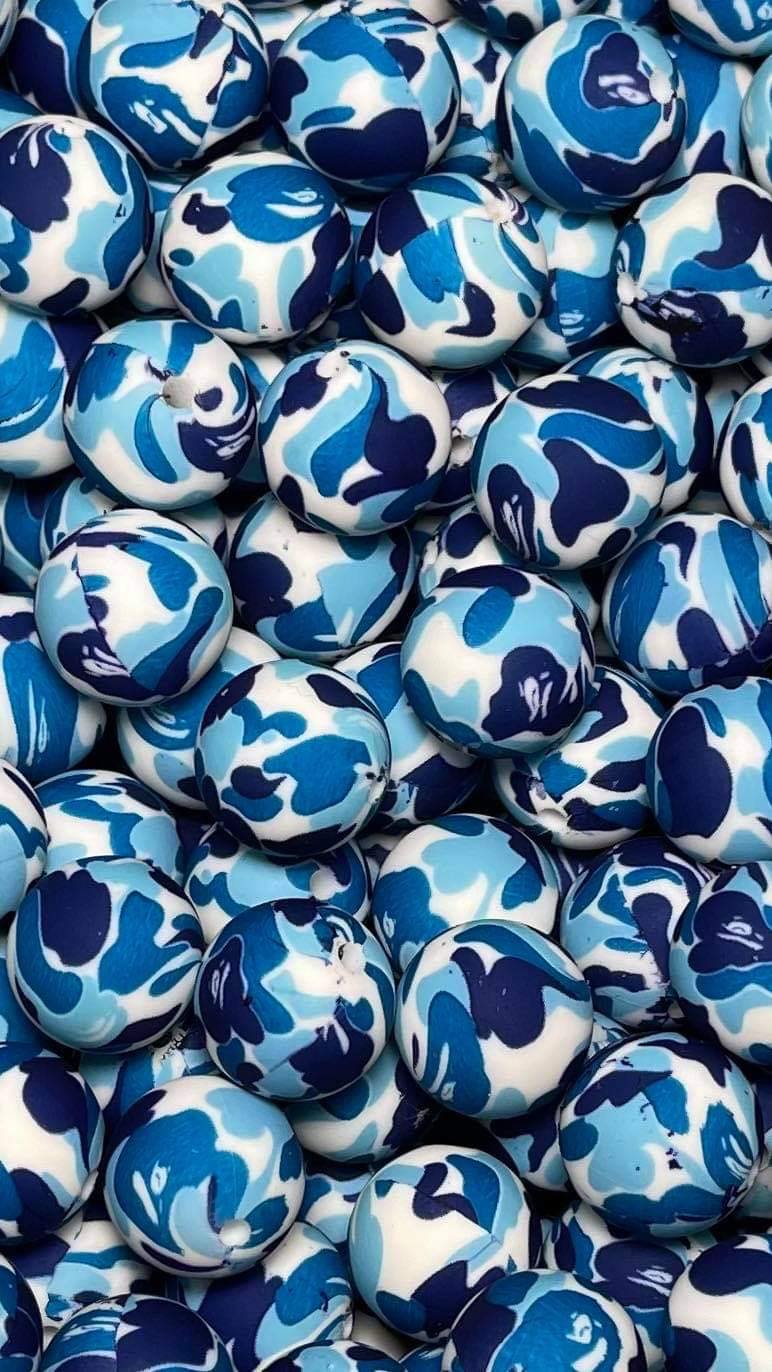 Blue Camo Printed 15mm Bead