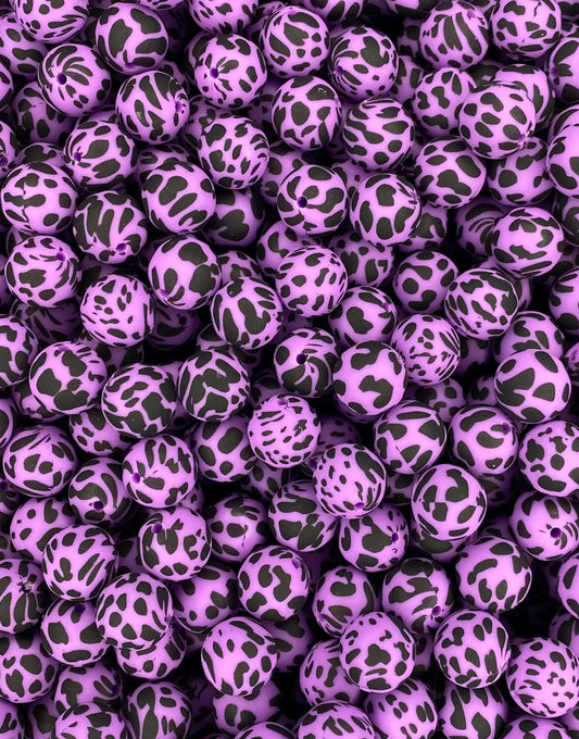 Purple Black Cow Printed 15mm Beads