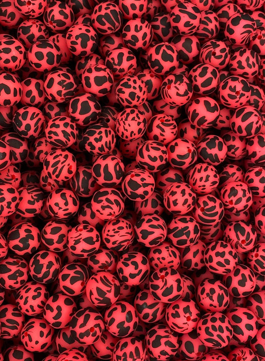 Shocking Pink Black Cow Printed 15mm Beads