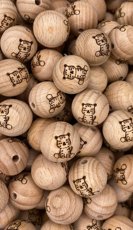 Tiger Engraved Wooden Bead