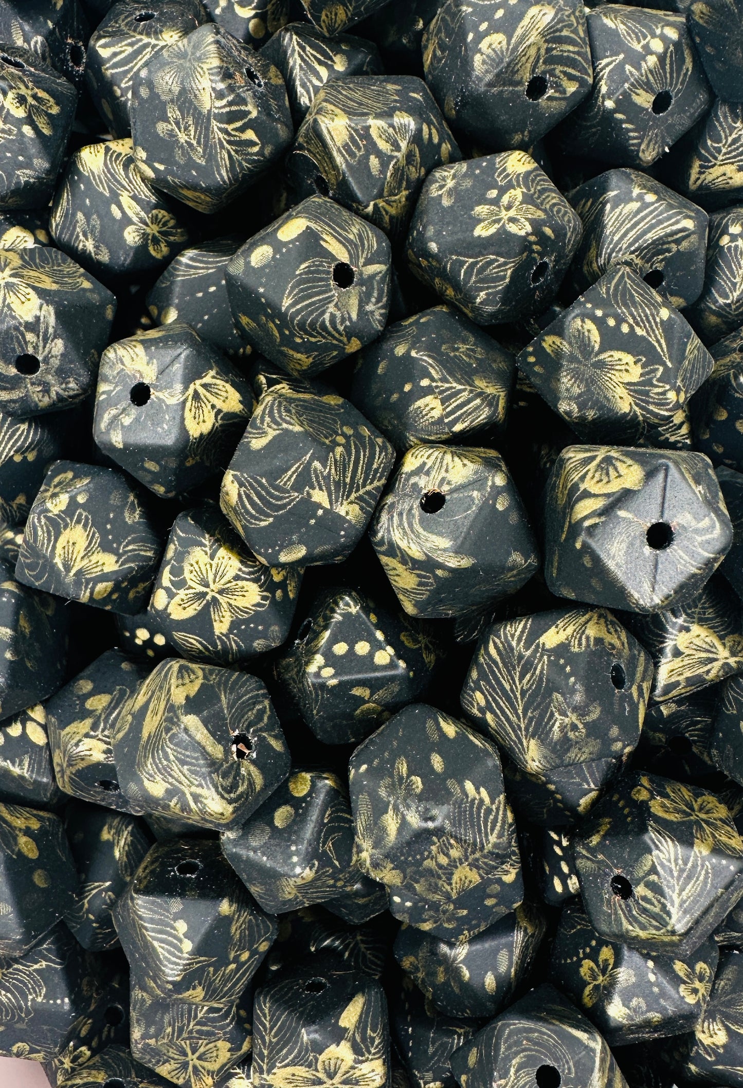 ***Discontinued*** Midnight Botanical Printed 14mm Hexagon Bead