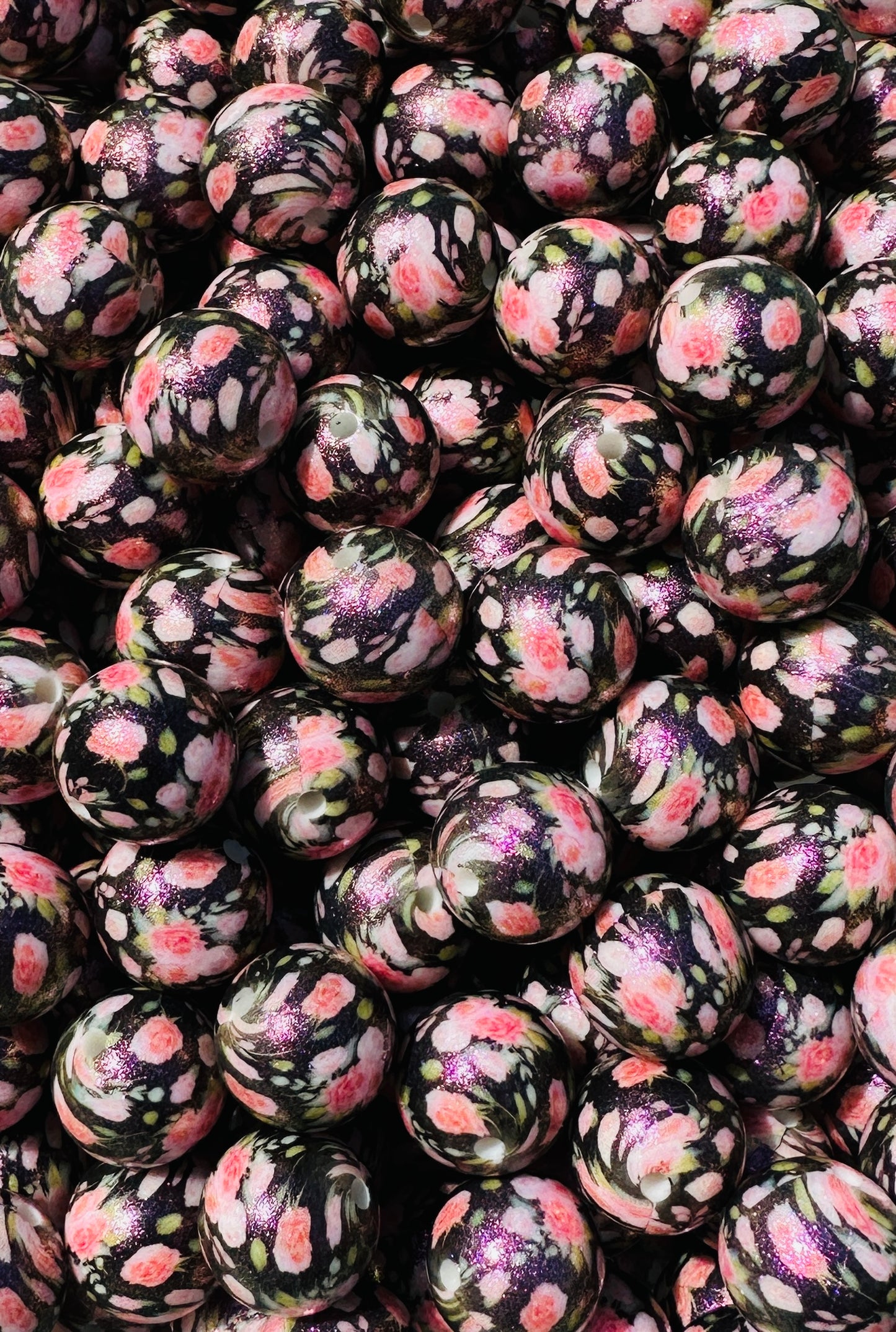 Création CTS : Perle à imprimé floral OPAL 15 mm Rose Noir