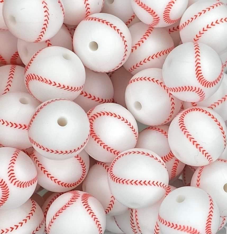 15mm Baseball Printed Silicone Beads