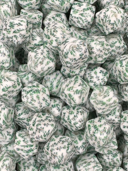 Perle hexagonale de 14 mm imprimée de feuilles botaniques