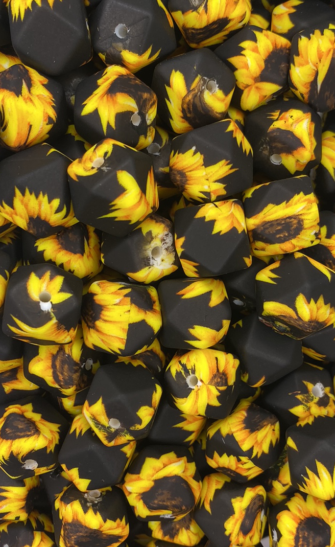 Black Sunflower Printed 14mm Hexagon