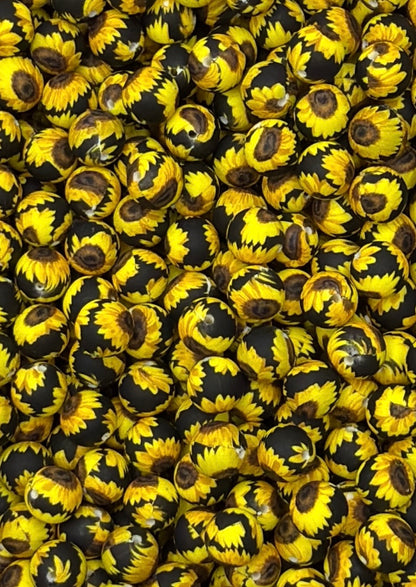 Black Sunflower Printed 15mm Bead