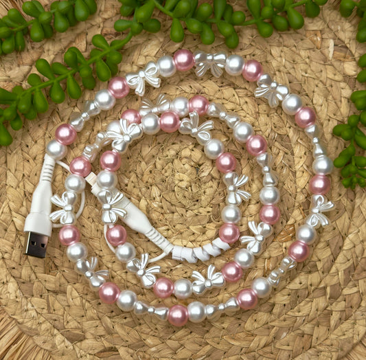 Pink Pearl Bow Beaded USB/USB-C Lightning Cord Charger