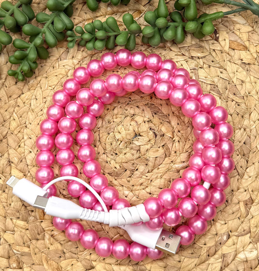 Pink Pearl Beaded USB/USB-C Lightning Cord Charger