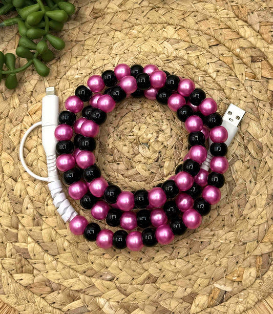 Black & Pink Beaded USB/USB-C Lightning Cord Charger