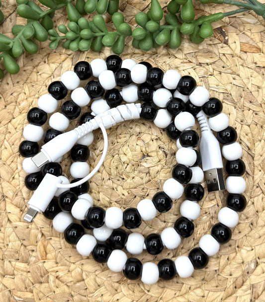 Black & White Beaded USB/USB-C Lightning Cord Charger