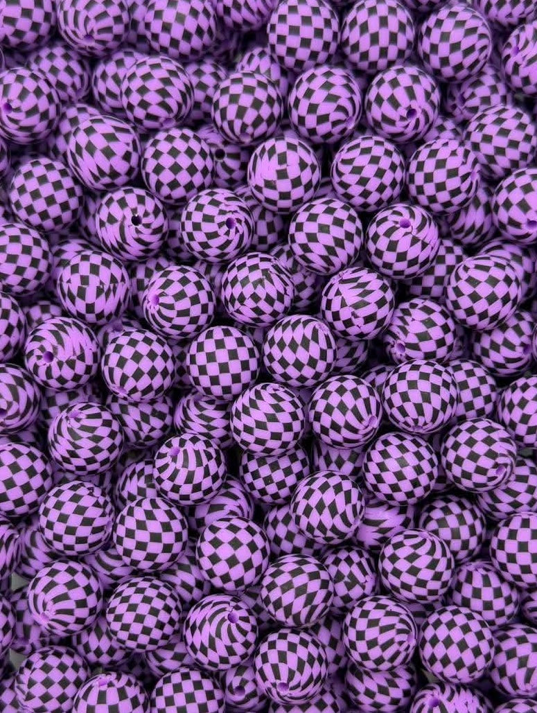 Purple & Black Checkered  Printed 15mm Bead