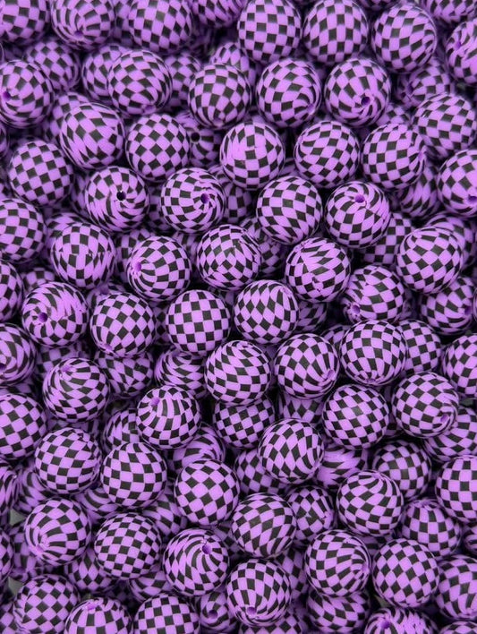 Purple & Black Checkered  Printed 15mm Bead