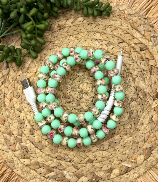 *Mint & Floral Beaded USB/USB-C Lightning Cord Charger