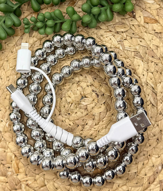 Metallic Silver Beaded USB/USB-C Lightning Cord Charger