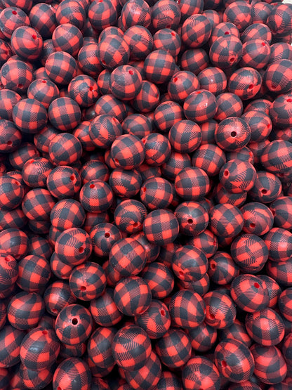 Red Buffalo Plaid Printed 15mm Beads