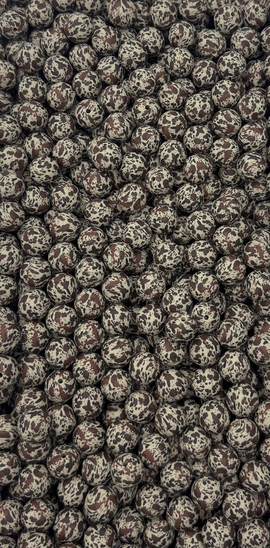 Création CTS : Perle de 15 mm imprimée vache marron sauge argentée 