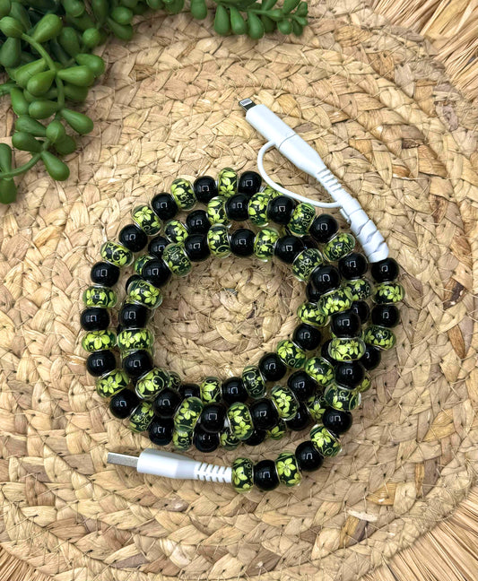 Green Floral Beaded USB/USB-C Lightning Cord Charger