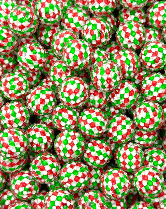 Rhinestone Red & Green Checks 20mm Acrylic Bead