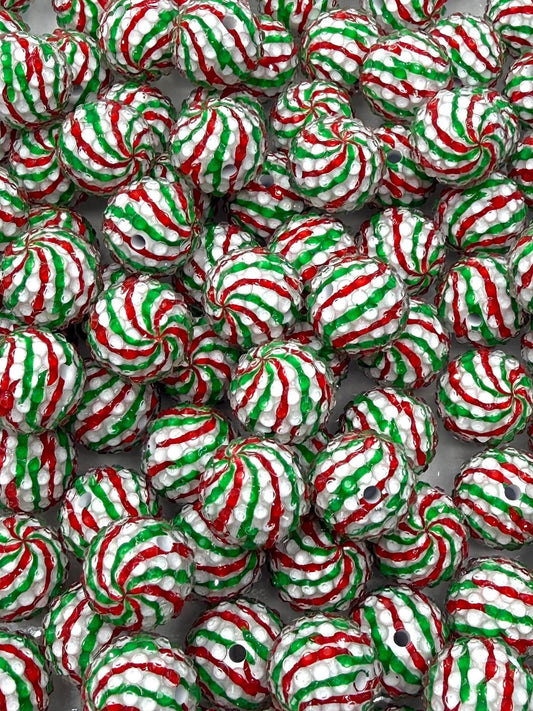 Rhinestone Red & Green Stripes 20mm Acrylic Bead