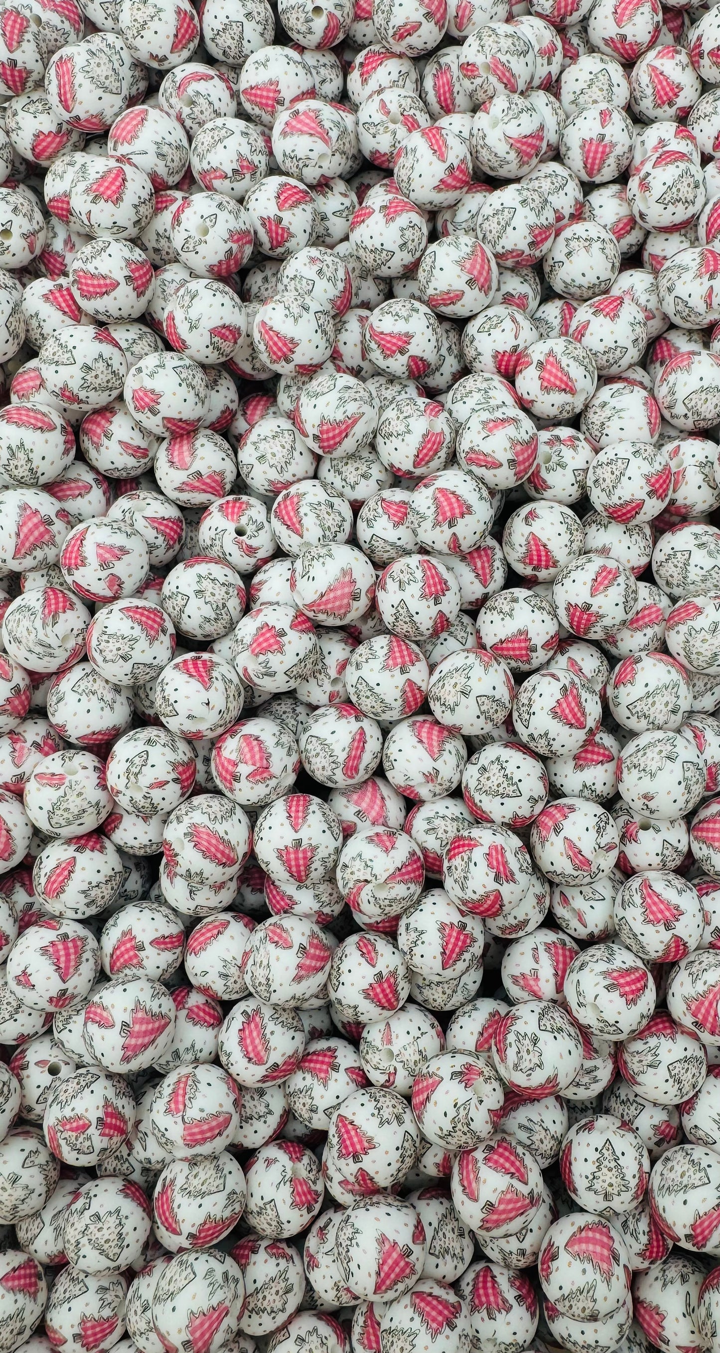 Pink Plaid Pines Printed 15mm Bead