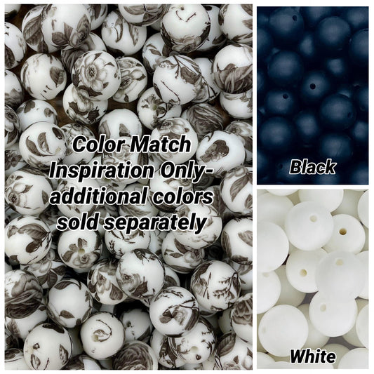 Perle de 15 mm à imprimé floral noir et blanc