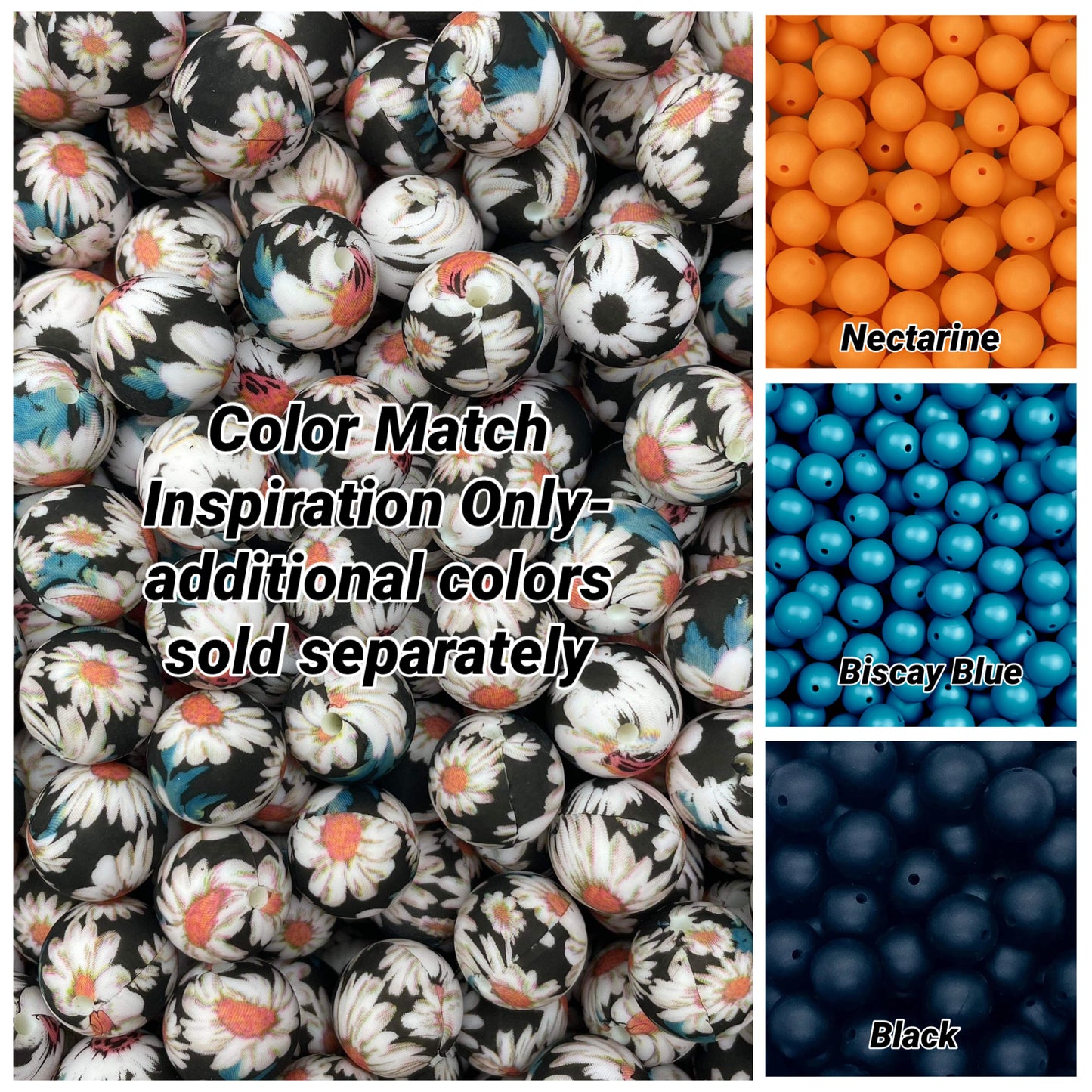 Black Daisy Printed 15mm Bead