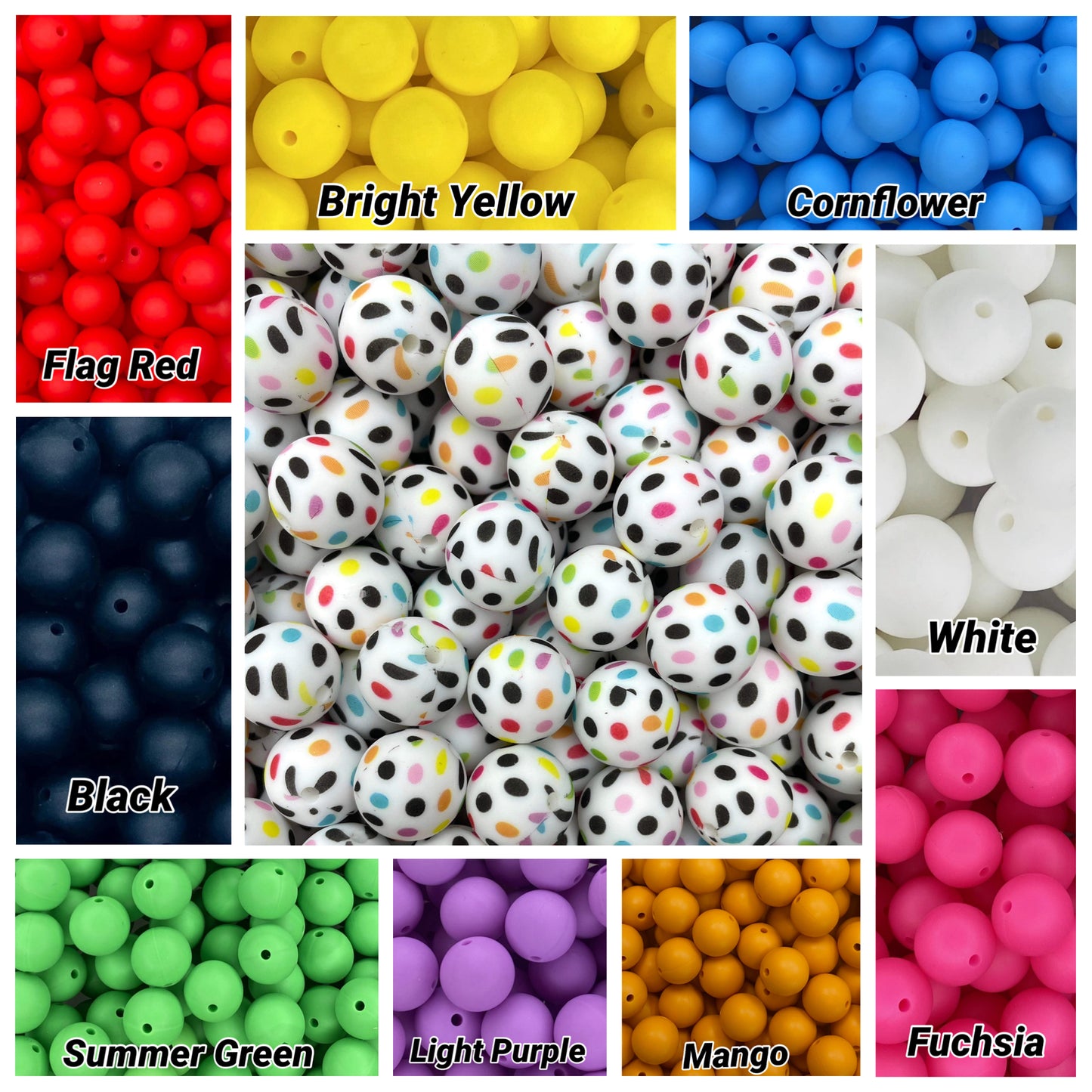 Perle de 15 mm imprimée à pois multicolores