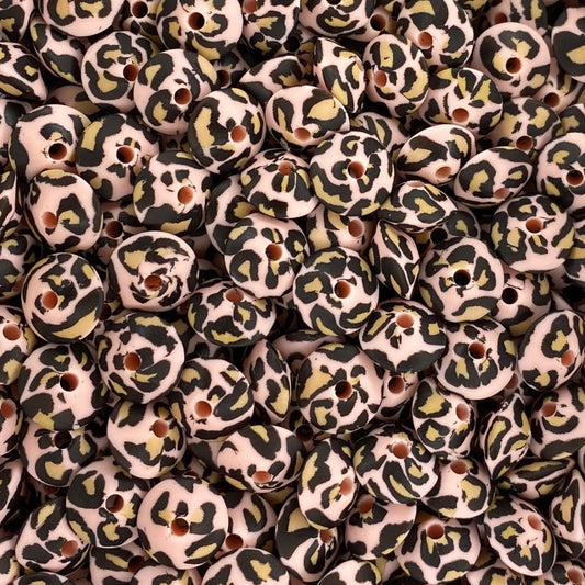 Pink Leopard Printed 12mm Lentil Bead