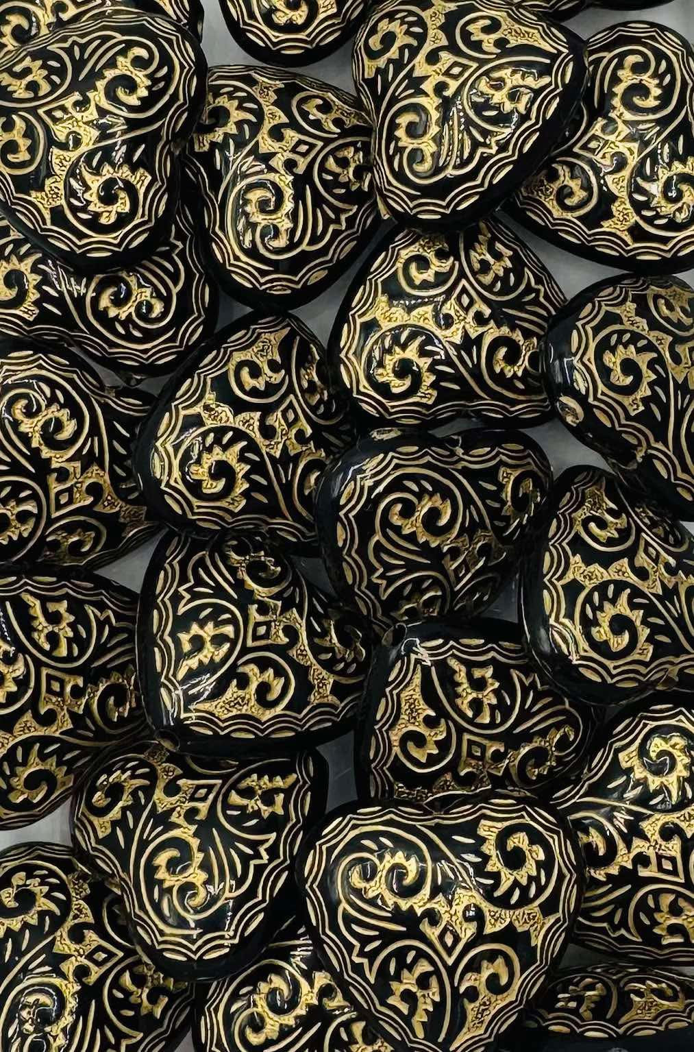 Black/Gold Lace 3D Heart Acrylic Bead