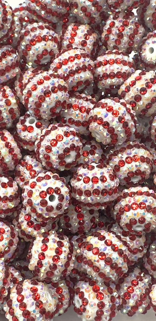 White & Red Iridescent Rhinestone Stripes 20mm Acrylic Bead