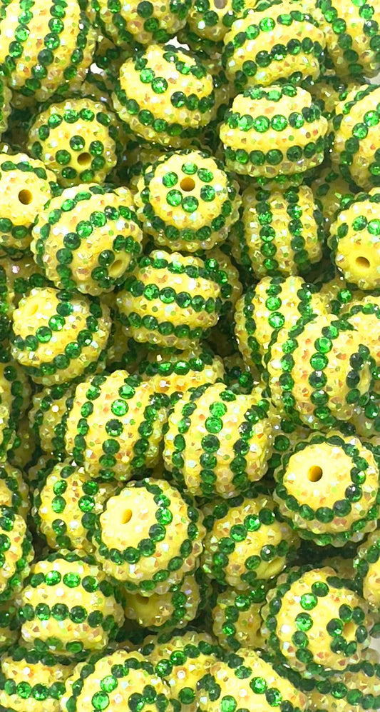 Green & Yellow Iridescent Rhinestone Stripes 20mm Acrylic Bead