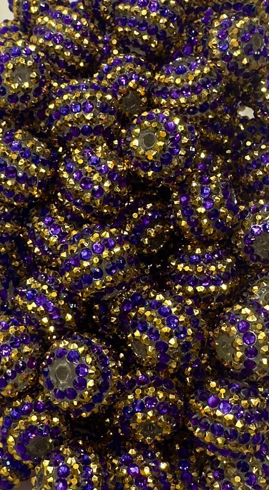 Purple & Gold Gloss Rhinestone Stripes 20mm Acrylic Bead