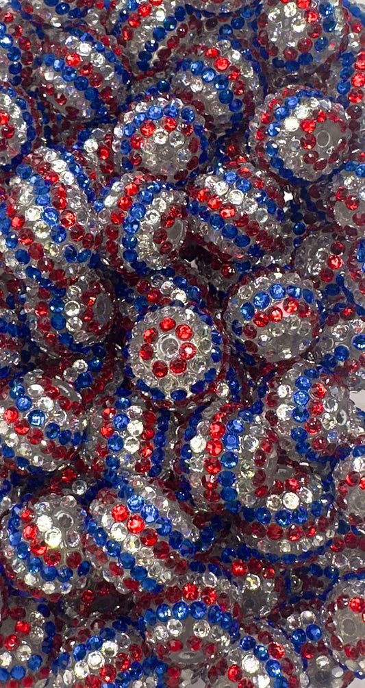 Red/Blue/Silver Gloss Rhinestone Stripes 20mm Acrylic Bead