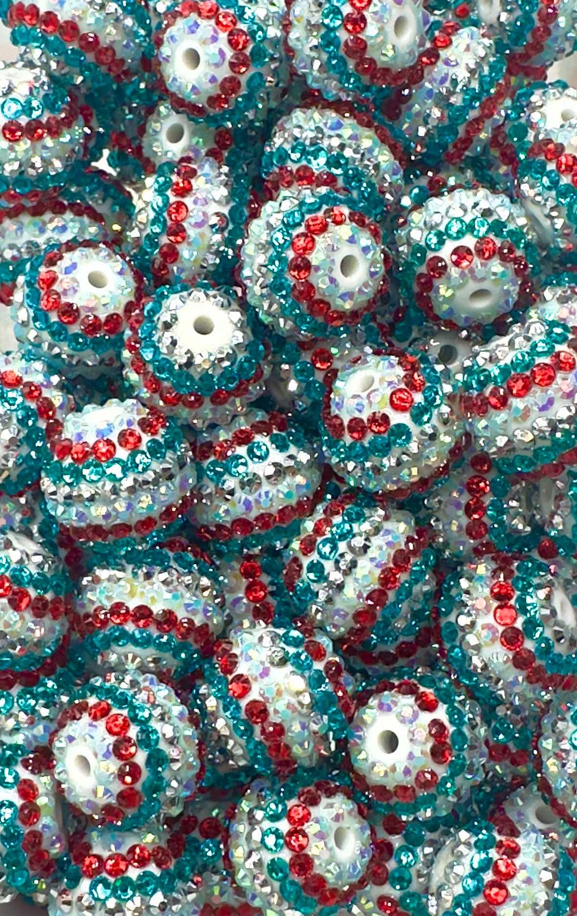 Turquoise/Red/Silver Gloss Rhinestone Stripes 20mm Acrylic Bead