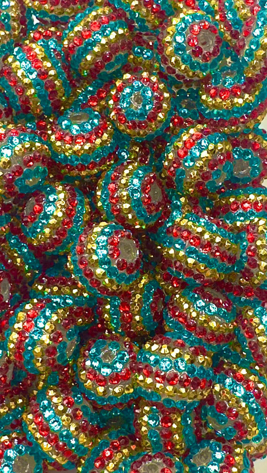 Gold/Turquoise/Red Gloss Rhinestone Stripes 20mm Acrylic Bead