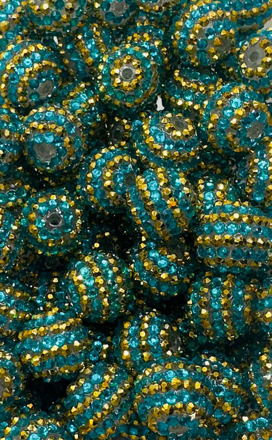 Turquoise & Gold Gloss Rhinestone Stripes 20mm Acrylic Bead