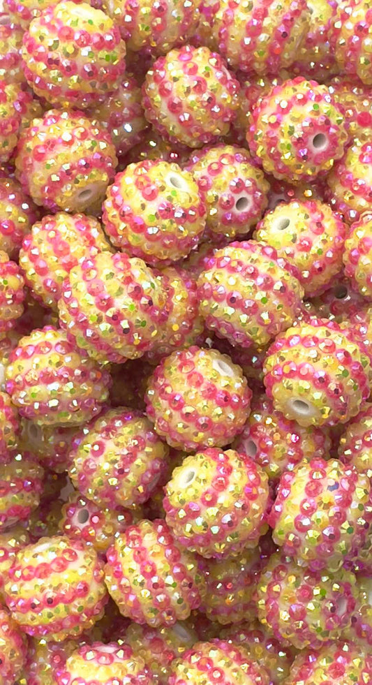 Raspberry Lemon Iridescent Rhinestone Stripes 20mm Acrylic Bead