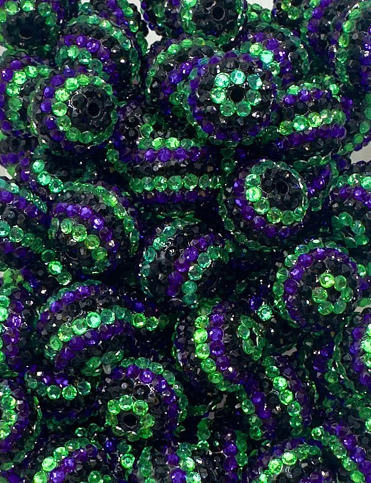 Black/Purple/Green Gloss Rhinestone Stripes 20mm Acrylic Bead