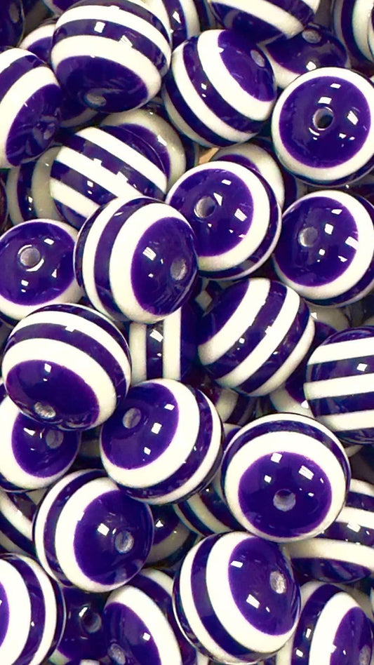 Deep Purple & White Stripes 20mm Acrylic Bead